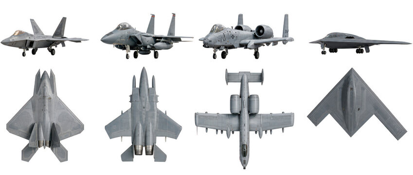 Set of modern military jet fighters shown from profile and top views, concept of air force power and military aviation isolated on transparent background.