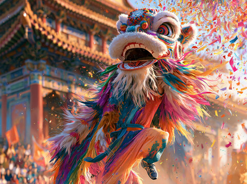 Colorful Chinese Lion Dance Performance During Spring Festival Parade