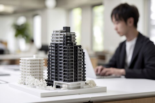 未来の都市を創造する建築模型と男性の作業風景