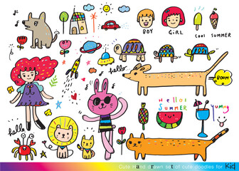 Naklejka premium Collection of hand drawn cute doodles,Doodle children drawing,Sketch set of drawings in child style,Funny Doodle Hand Drawn,Page for coloring, cute animal hand drawn, cute Doodle