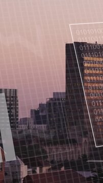 Animation of financial data processing over cityscape background