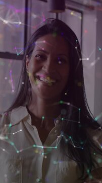 Animation of connections and data processing over businesswoman in office