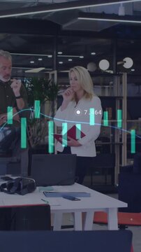Animation of financial data processing over diverse business people in office