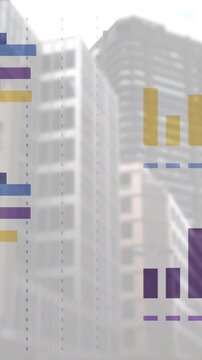 Animation of financial data processing over cityscape