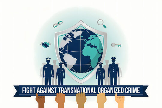Diverse hands holding a banner about the fight against transnational organized crime with police officers, a globe, and on a white background
