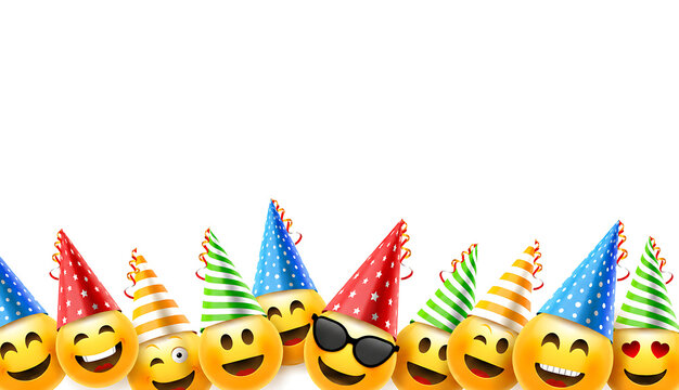 Group of Cheerful Emoticons Wearing Colorful Party Hats for Birthday Celebration