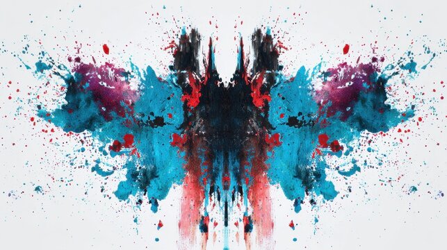 Symmetrical Rorschach-style inkblot digital artwork with vibrant colors.