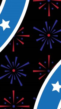 Animation of blue shapes with white stars over fireworks on black background