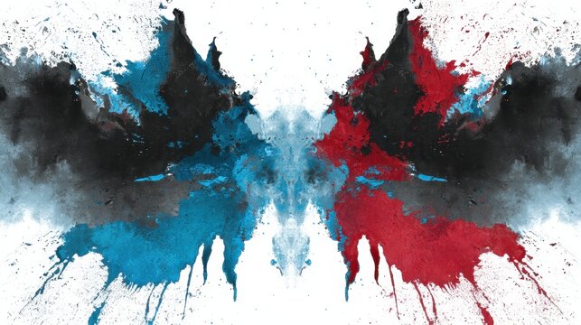Abstract Rorschach inkblot with striking blue and red splashes on a white background.