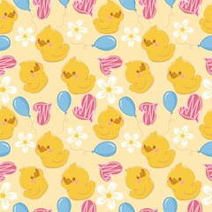 Fototapeta premium Cute Seamless Pattern with Ducks, Flowers, Balloons, and Hearts for Baby and Kids Fabric, Wallpaper, and Packaging