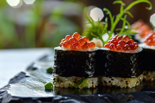 Gunkan maki sushi with red caviar, rice, nori seaweed, and sesame seeds, served on a black slate plate, creating a sophisticated culinary experience