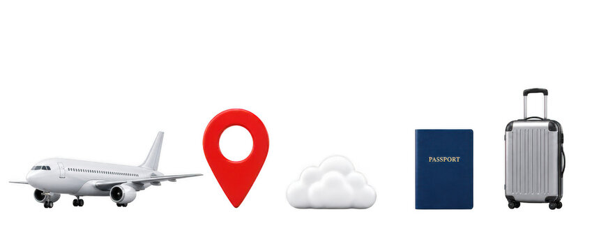Set of travel essential items including airplane, location pin, cloud, blue passport, and silver suitcase, concept of vacation planning and global tourism isolated on transparent background.