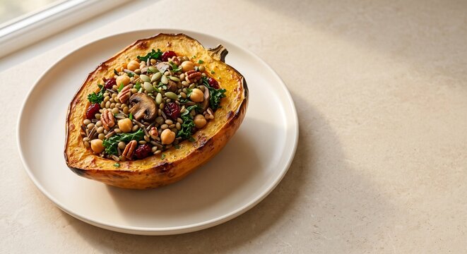 Vegan Stuffed Acorn Squash with Lentils, Chickpeas and Wild Rice