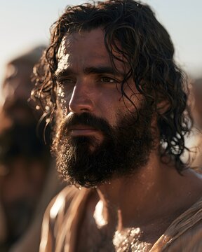 Close up portrait of a bearded man with wet hair in desert environment