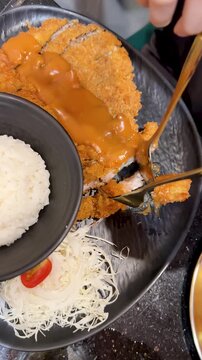 Korean Style Breaded Pork Cutlet Served with Gravy and Rice