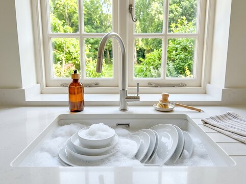 窓から緑が見える清潔なキッチンで食器洗いの日常風景