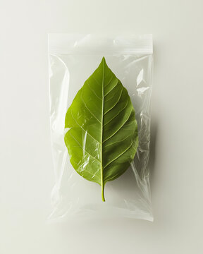 Green leaf sealed in plastic packaging, sustainability and plastic pollution concept