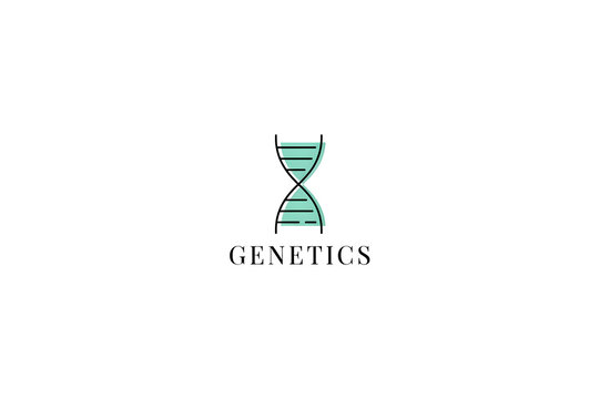 Genetics featuring a stylized dna double helix structure in black and teal colors with the word genetics written in a serif font below