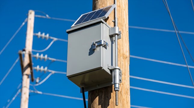 Low angle view of outdoor smart grid motor operated switch disconnect actuator enclosure with operating steel torque rod mechanism on utility distribution pole for automated power grid switching