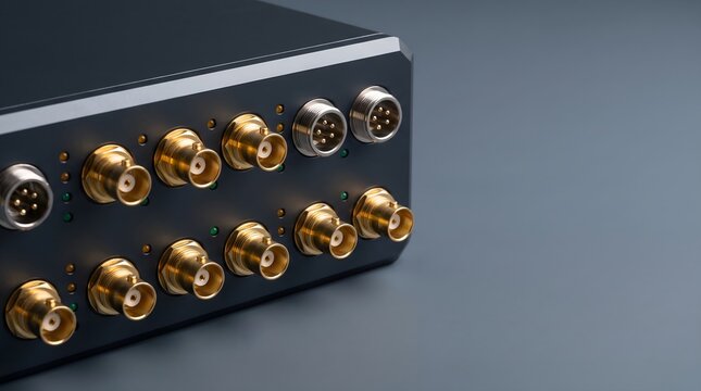 Macro studio shot of high speed precision power quality transient disturbance analyzer iot gateway module with gold plated bnc coaxial ports on dark anodized aircraft grade aluminum front plate