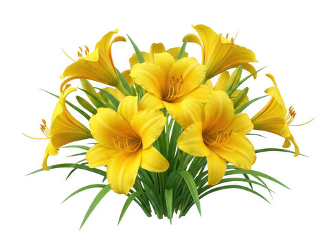 Vibrant yellow daylilies with green centers isolated on a transparent background petals
