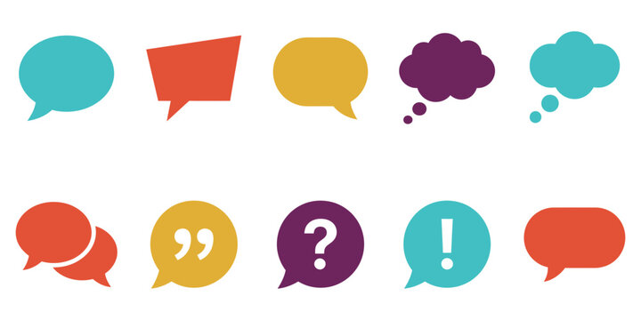 Colorful speech bubble and message chat icon set with question mark quote and exclamation symbol