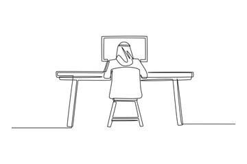 Fototapeta premium A single line drawing of a human young man working as an Arab businessman sitting at an office desk in front of a desktop computer from behind, depicting modern digital corporate productivity.
