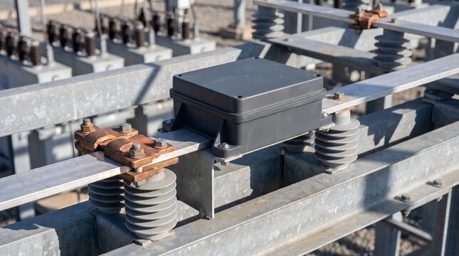 Wireless harmonic and current imbalance iot monitoring node mounted on galvanized steel framing of outdoor substation capacitor bank with copper clamp terminals and silicone composite insulator