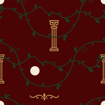 Midnight Canopy Interlocking Seamless Pattern with S-Curve Vines and Geometric Moon Shapes for High-End Textiles.