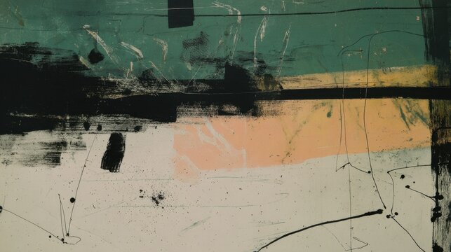 Abstract painting with layered textures and muted colors.