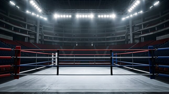 Vacant wrestling ring in a tournament environment with a white blurred backdrop and room for text