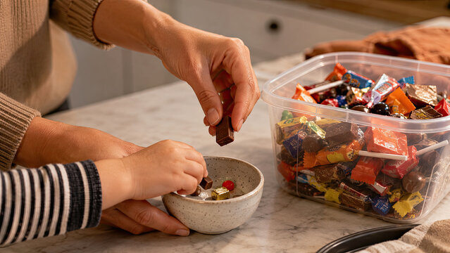 Halloween candy, dental health. Close-up of a parent and child hands placing a few pieces of candy into a small bowl. Mindful candy moderation concept