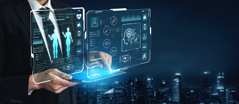 Business professional using futuristic holographic interface to analyze data and health metrics in a modern urban night setting with skyscrapers. Bitwise.