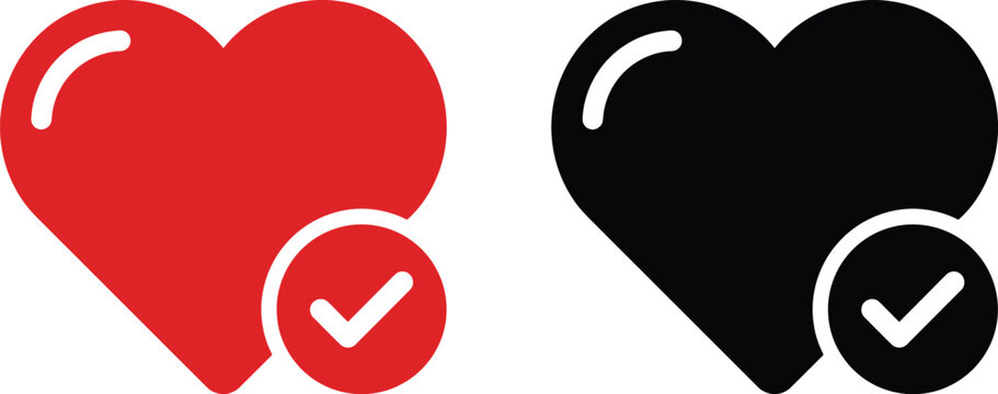 Red and black heart icons with check marks for social media like and approval interface.