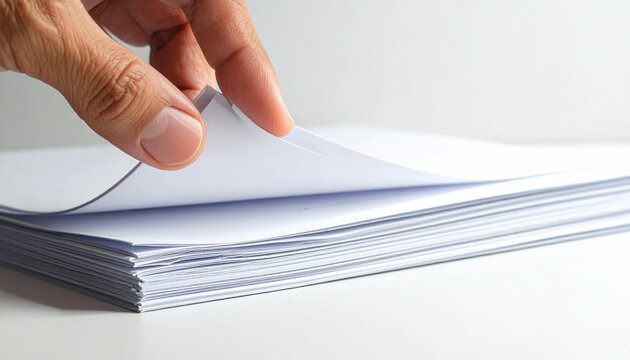 Fingers Turning Pages: A close-up shot of a hand delicately turning a page from a stack of white paper, emphasizing focus and documentation.
