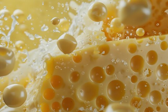 Pieces of maasdam cheese with holes and cheese balls splashing in milk or whey
