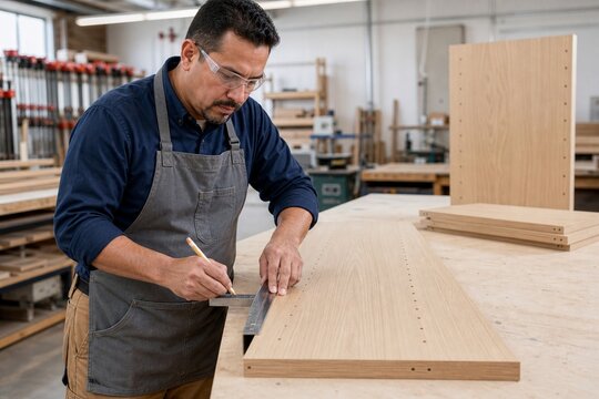 Carpenter Measuring Wardrobe Panel in Workshop