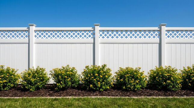 Pristine white vinyl privacy fence with lattice top in a flourishing green garden and blue sky copy space