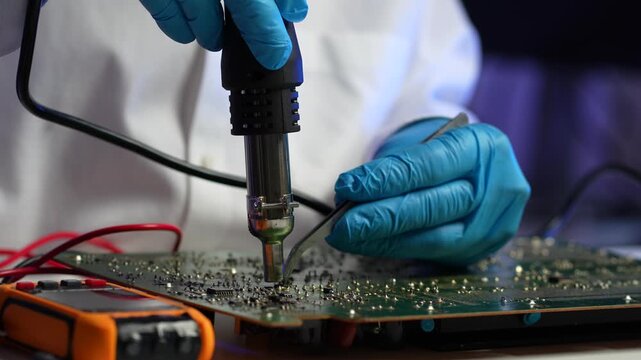 Close-up of semiconductor microchip on circuit board, motherboard processor for computer repair, hardware technology and chip manufacturing industry concept.