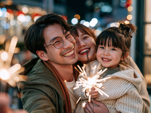 Happy Asian Family Holding Sparklers Together at Night Celebration