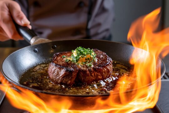 シェフが鉄板でステーキをフランベ調理する炎が舞う瞬間