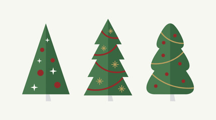 Fototapeta premium Three stylized flat design Christmas trees with simple ornaments and garlands, isolated on a light background.