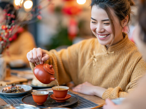 Smiling Asian Woman Pouring Hot Tea from Red Teapot