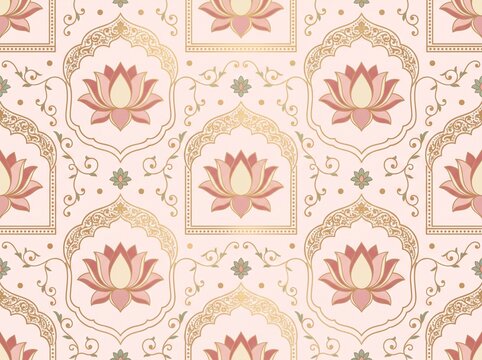 Seamless pattern with lotus flowers and traditional indian arches
