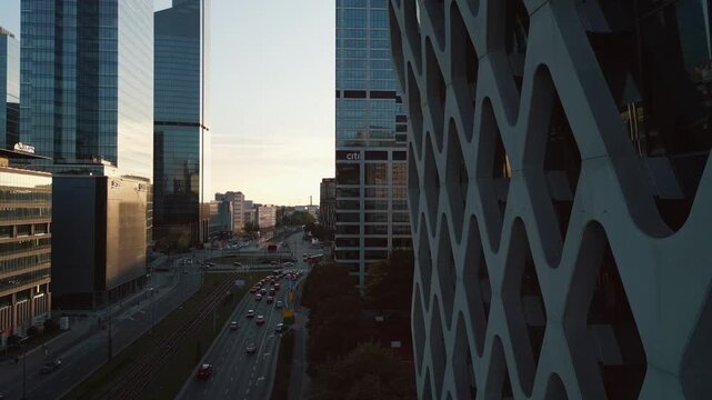 downtown of big capital city with skyscraper towers and modern tall office buildings, skyline and contemporary architecture of financial district, Warsaw, Poland, aerial top view 4k
