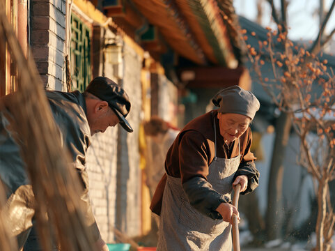 Elderly Asian Couple Sweeping Outside Traditional Village House