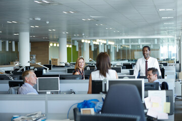 Fototapeta premium Teamwork, group and business people in office with planning revenue growth in collaboration. Conversation, professional and financial advisors with briefing for investment proposal in workplace.