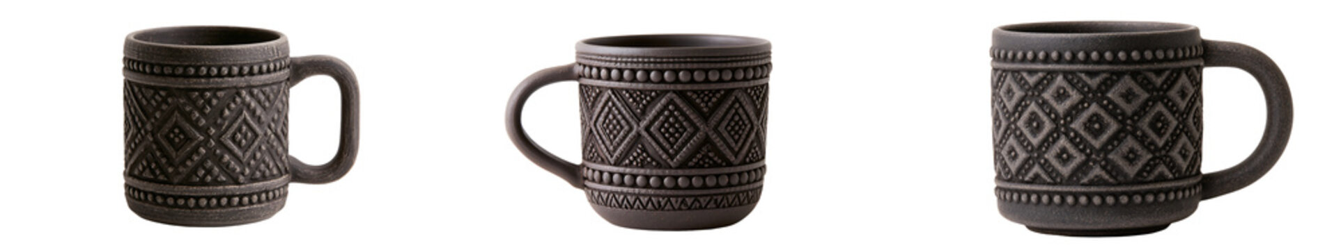 Three stylish dark stoneware mugs with intricate textured patterns isolated on transparent background