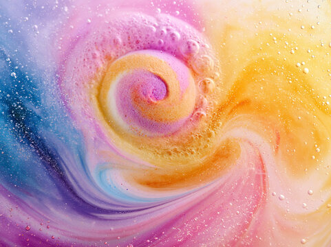 Colorful Dissolving Bath Bomb Swirl with Soap Bubbles and Foam