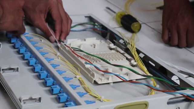 Technicians install fiber optic cables